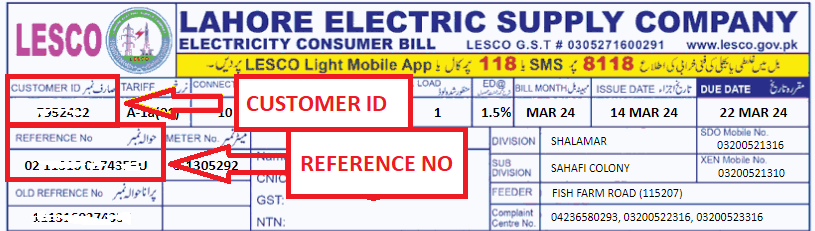 This image shows that Your LESCO online bill reference number or consumer numbers is located at the top right-hand corner of your LESCO bill.